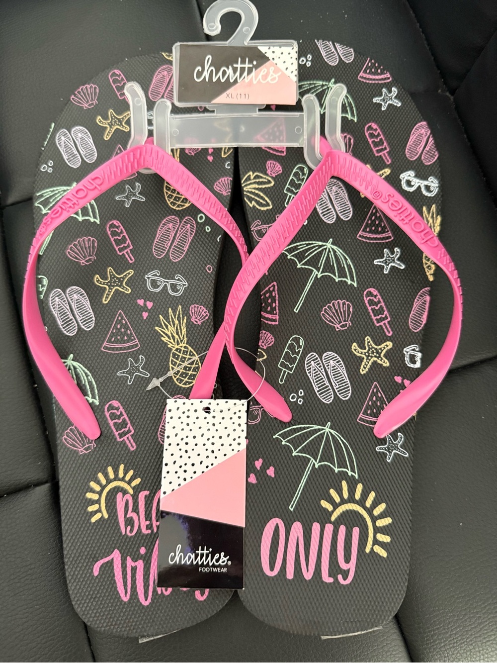 NEW chatties Black Flip Flops with Pink Straps and Colorful Beach Print